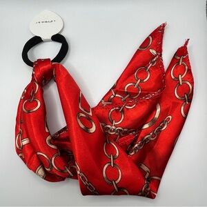 Fashion Hair Tie -Red and Gold Chain Print Scarf Ponytail Holder